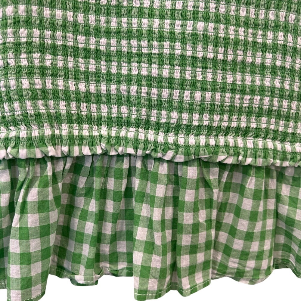 Green Gingham Smocked Ruffle Sleeve Top Cottagecore Summer Blouse - Picture 2 of 7